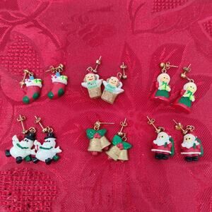 6X Resin Earrings Christmas Lot 6 Pair Jewelry Holiday Mr Mrs Claus Snowmen Bel